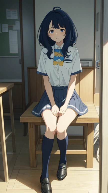 masterpiece, best quality,highres,aki,twintails,pantyhose,long hair,1girl, solo, school uniform,blue hair, blue eyes,low twintails,striped,skirt,shirt,crossed legs, classroom,