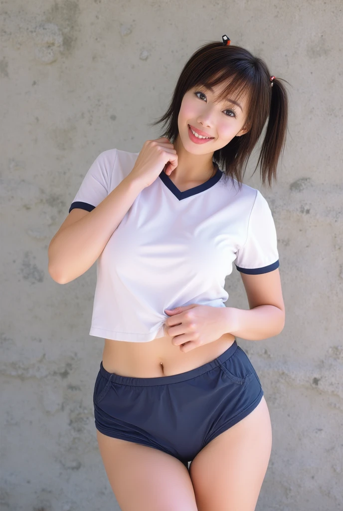 Head to knee portrait、alone、high school girl、White skin、Natural Makeup、Black Hair、bangs、Straight Long Hair、((School-designated gym clothes))、((The upper body is a white short-sleeved gym uniform))、((Long white gym clothes))、(((Very tight bloomerid rise bloomers)))、(((Navy Bloomers)))、(((Tuck the bottom of your gym clothes into your bloomers)))、Big Breasts、Big Ass、(((Schoolyard)))、((Realistic fingers))、((Perfect Style))、((Realistic body shape))