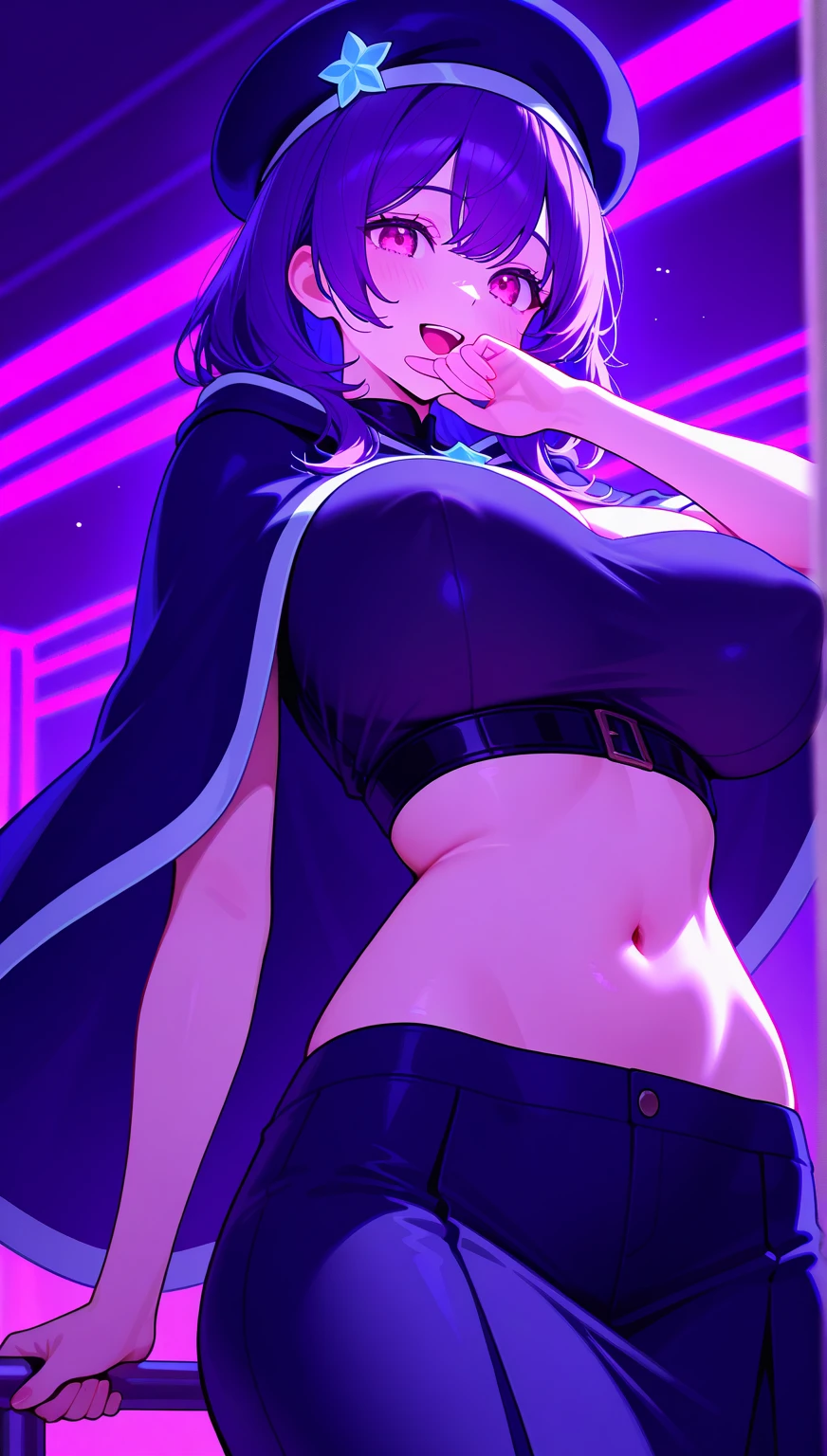 "Cyberpunk DJ girl with cool head set, cool open jacket and crop top shirt, rocking sun glasses, two big LED glowing loudspeakers on each side, immersed in a neon-lit environment, vinyl record on turntable with music mixer and turntable in front of her, exuding an electrifying disco vibe in a futuristic night club."