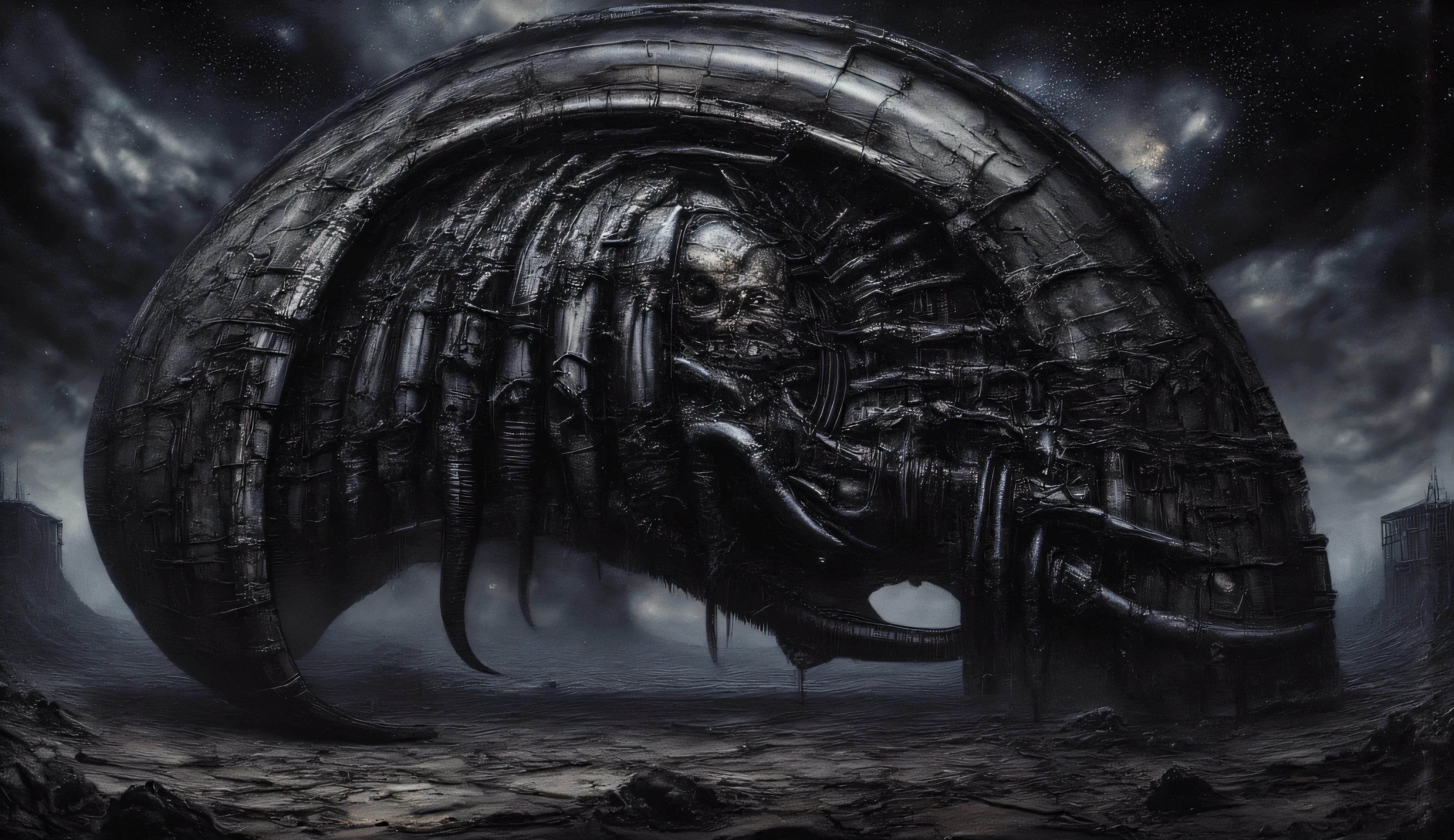 A creepy monster. A large monster covered with black plates. Inside is a withered human body. Black long soft tentacles grow on the plates. The stars of the galaxy and the cosmic beauty are visible in the sky.A lifeless land covered with cracks. It's a dark night. The black sky, the apocalypse. horror. Ruins of the city. It's a creepy landscape. Maximalism. the horror.