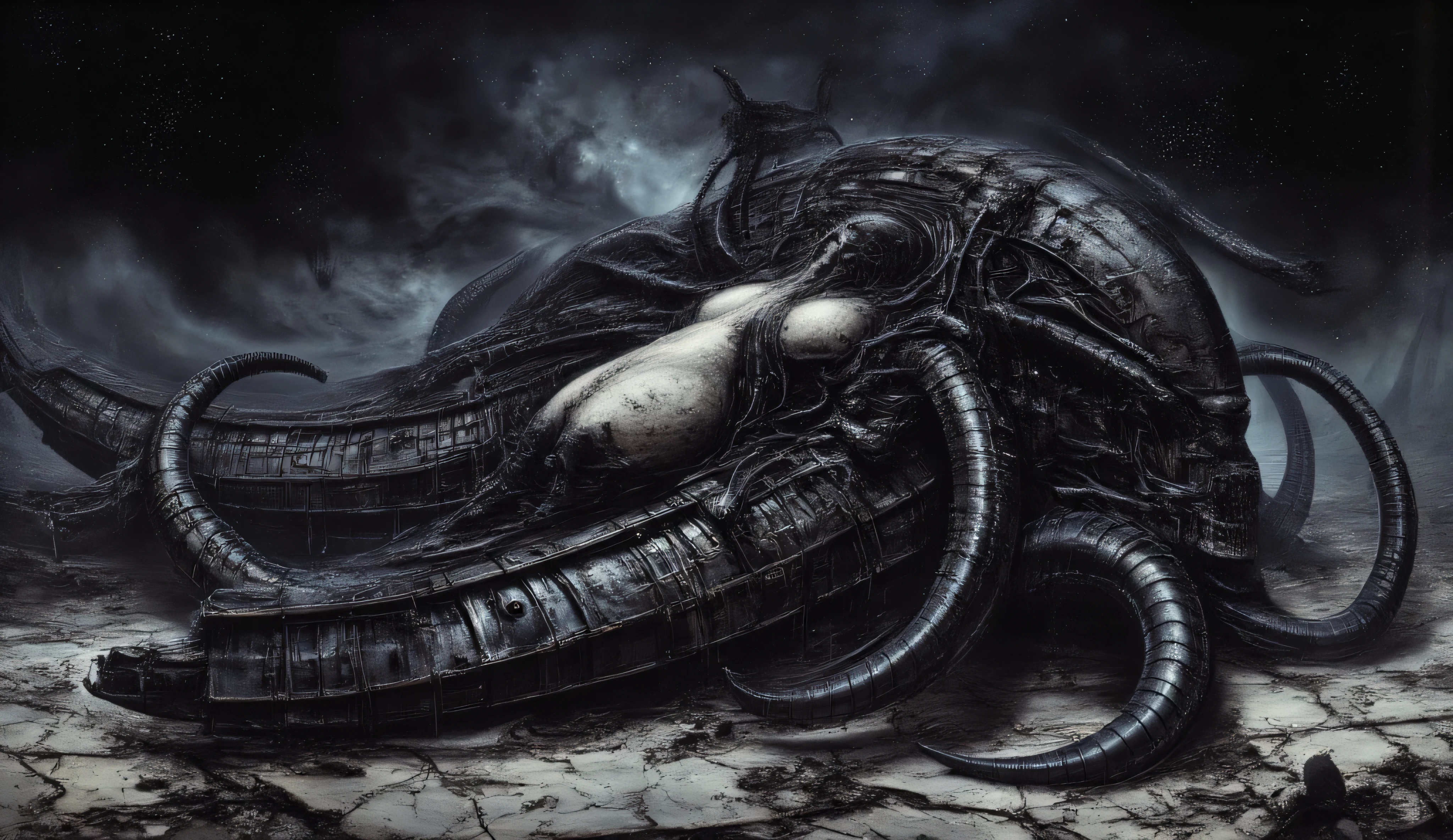 A creepy monster. A large monster covered with black plates. Inside is a withered human body. Black long soft tentacles grow on the plates. Rusty elements on the monster. The stars of the galaxy and the cosmic beauty are visible in the sky.A lifeless land covered with cracks. It's a dark night. The black sky, the apocalypse. horror. Ruins of the city. It's a creepy landscape. Maximalism. the horror.