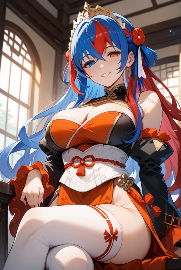 orange hair, blue colored dress, blue eyes, gigantic breasts, cleavage, bare legs, smiling
