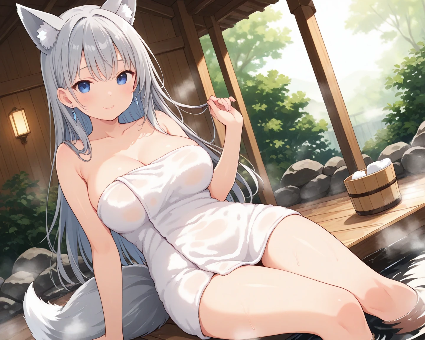 masterpiece、top-quality、1girl in。(bathrobe:1.2), white  hair,Red Eyes,(mare:0.8), (Fantastical:0.7),(middlebreasts:1.4), (A smile:0.8),fox ear,salon,wear bra, wear dress,wet clothes,wet hanging,salon, perfect body,((wet clothes:1.3)), perfect breast,((blush on: 1.2)),((fox-tails:1)), perfect big fox-tails, bikini, legwear