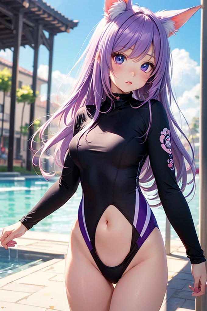 One Woman, alone, alone Focus, Cowboy Shot, Portraiture,, Beaver, ((Black Hair)), (Gradient Hair :1.5), Curly Hair, ((Pink Eyes)), Very fine eye, work, White knit, (Small TI quality, Very detailed,Swimwear,