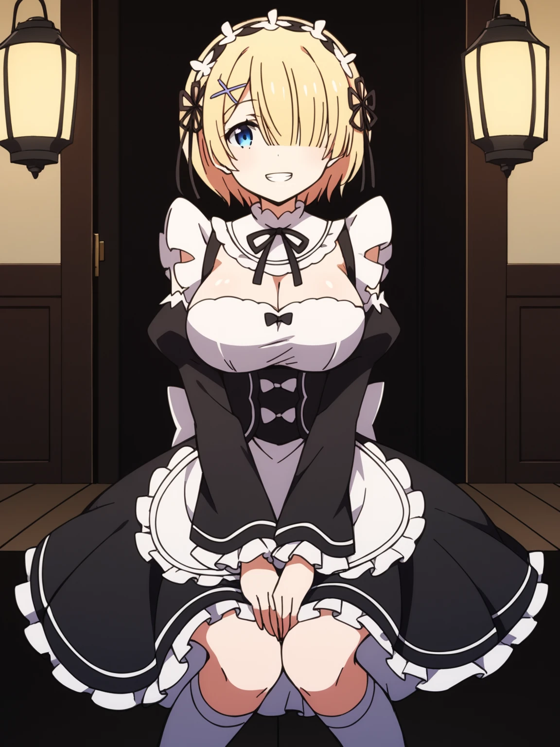 "(Best Quality,4k,8K,hight resolution,Masterpiece:1.2),(Masterpiece), Best Quality, expressive eyes, a perfect face, male, 1boy, 独奏, Maid's dress, Stockings, blusher, lifts up his skirt, in a cafe, Michaela, Mikaela Hyakuya, Michaela's outfit, blonde, blue eyes, Short hair, blusher