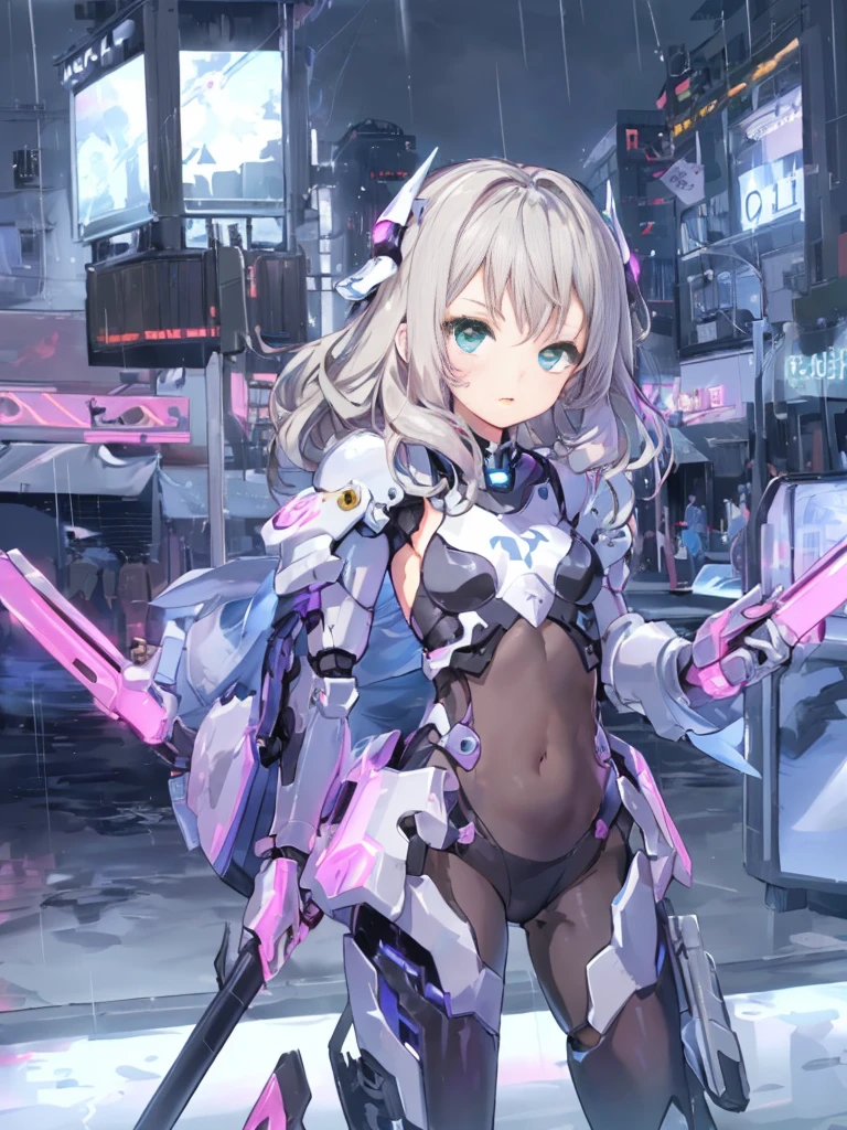((masterpiece:1.4、highest quality))+、(super detailed)+、
1 girl、cyberpunk city、flat chest、wavy hair、mecha clothes、(robot girl)、Cool move、Silver Bodysuit、colorful background、Wet day、(lightning effect)、Silver Dragon Armor、(cold face)、cowboy shot、pretty girl