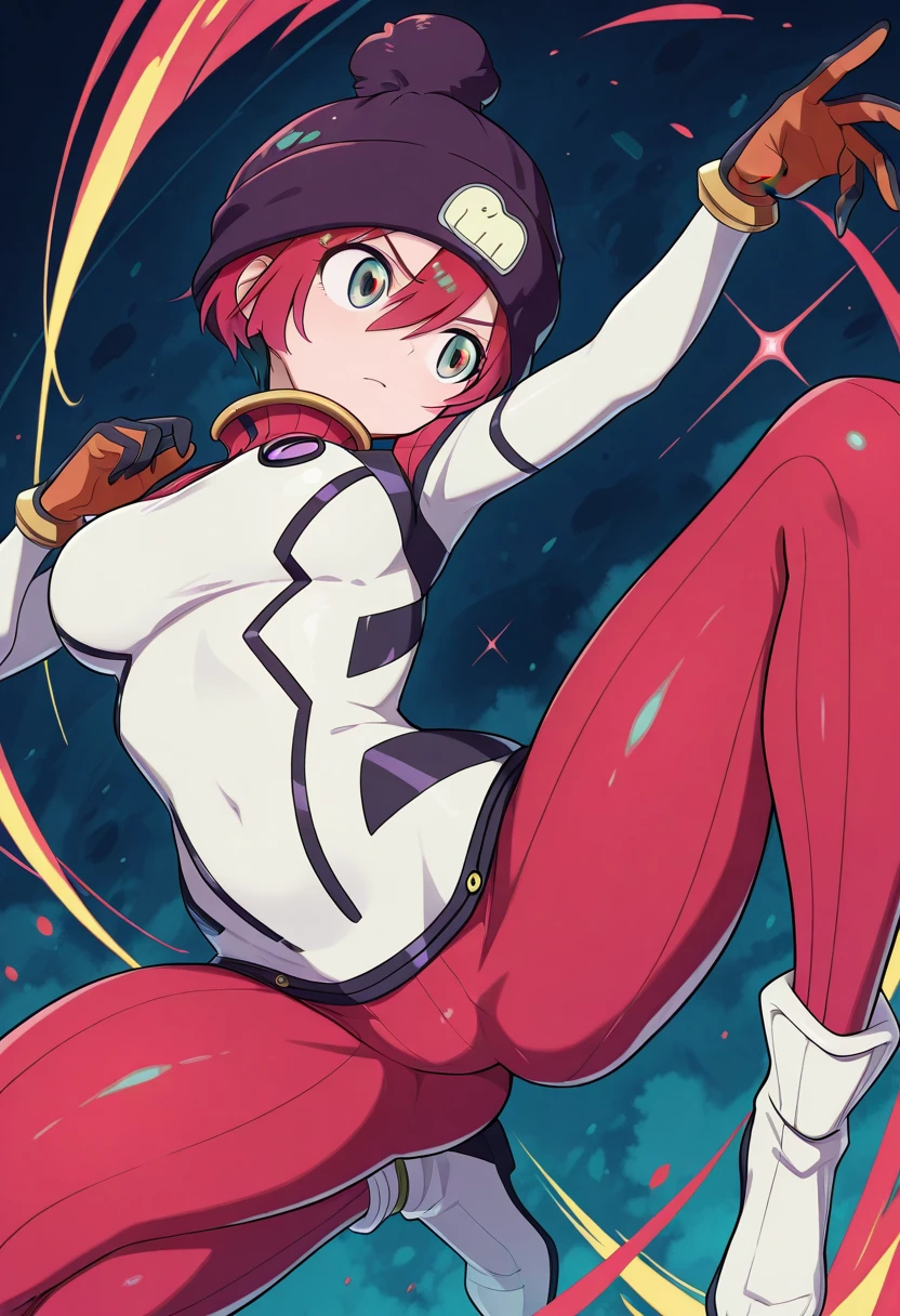 (Complete body, good anatomy, masterpiece, best quality) 1 girl, small girl, slim, solo!!, pink hair, short hair, pink twintails, aqua eyes, orange and grey jacket, white gloves, grey legwears, white platform shoes, happy, futuristic city, night