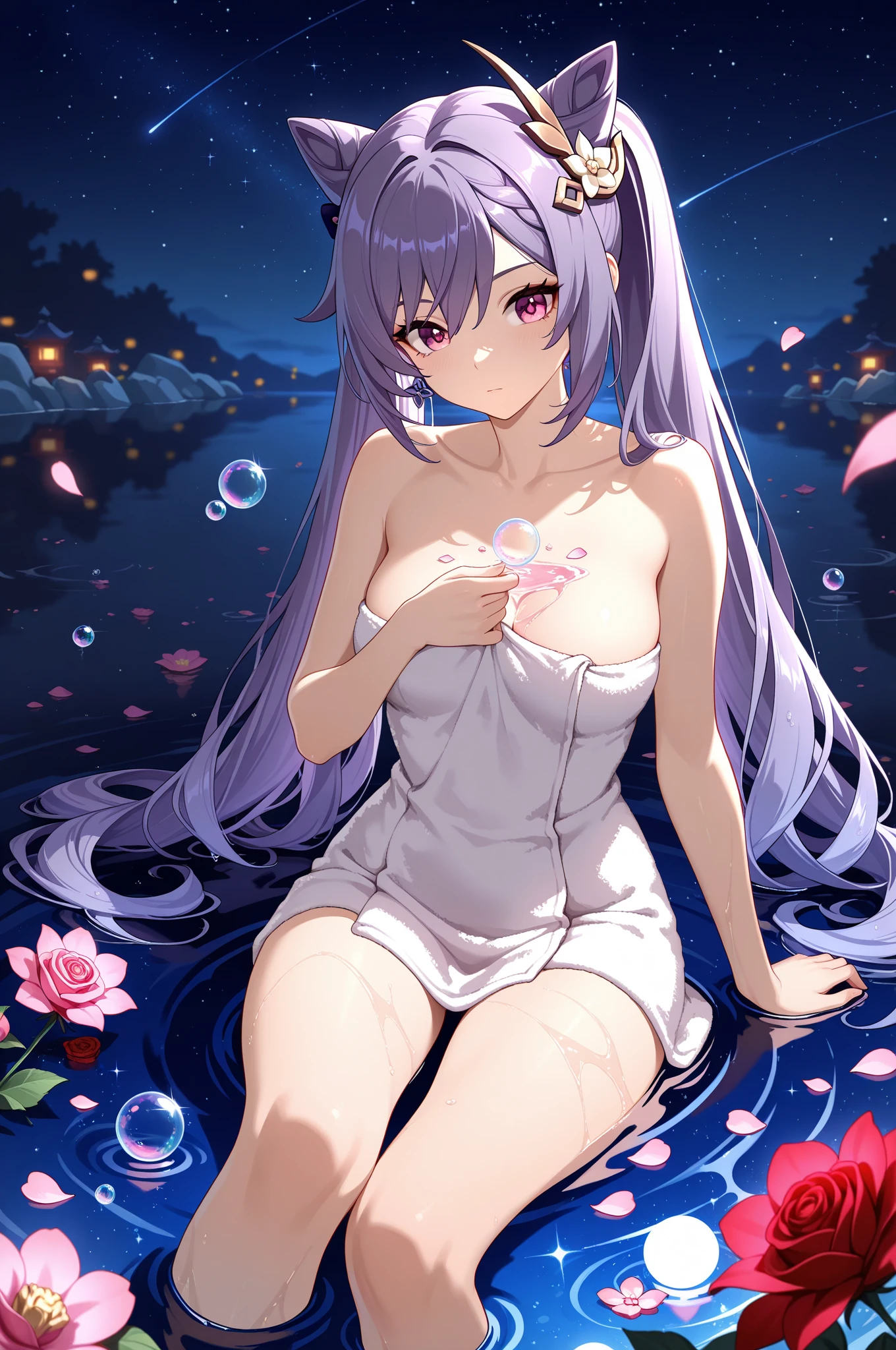 ((masterpiece)),((Ayako Katagiri)),((Katagiri Ayako)),((Full smile)),((Smile)),((Profile looking up at the moon)),Healthy Beauty,((((Full nudity)))),(((Completely naked))),(((Rock bath))),Anatomically Perfect Fingers