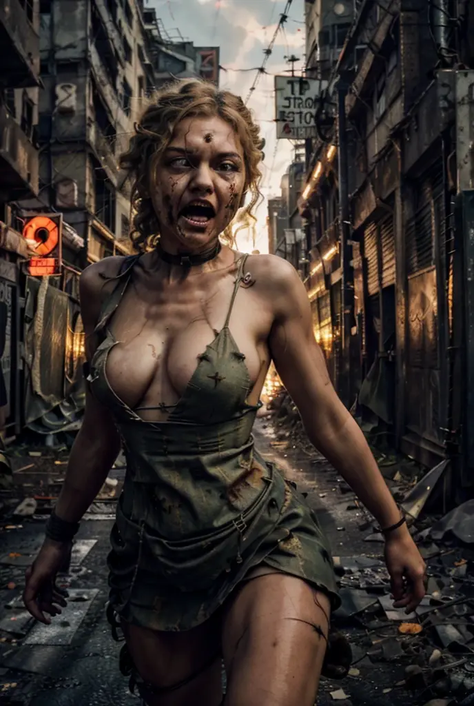 (zumbi correndo alucinado), (corpo cheio envolvido por arame farpado), ((arrastando uma placa de pare ligada a um arame farpado)), open-mouthed and menacing, Hands trying to grasp, mulher jova cabelos cacheados loiro, vestido rasgado,
