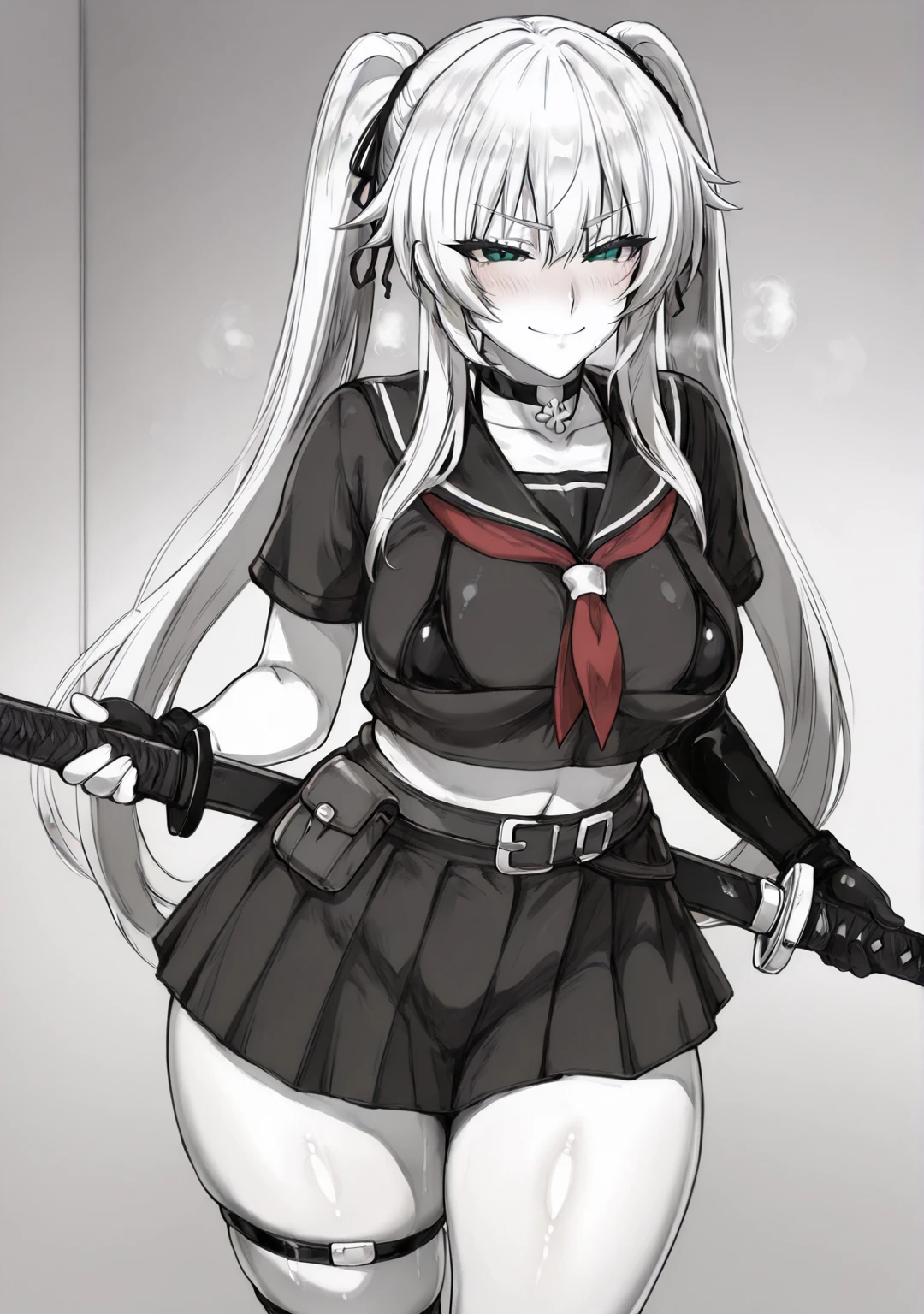 hiiragi, (puuzaki_puuna(punopupupu)-style:1.2), ((anatomical correct)), ((monochrome, greyscale, manga-style, spot colors, green eyes)), (lineart:1.2), perfect body, perfect eyes, perfect fingers, gasping, heavy breathing, gasping profusely, ((skindentation)), ((curvy)), shinmai ossan bokensha, angelica diarmuit, nose, eyelashes, long hair, green eyes, blonde hair, hair between eyes, twintails, very long hair,, plump, 1girl, breasts, weapon, school_uniform, solo, sword, black_serafuku, smile, serafuku, looking_at_viewer, swimsuit, katana, choker, skirt, bikini, neckerchief, thighs, sailor_collar, holding_weapon, red_neckerchief, collarbone, long_skirt, holding, black_skirt, holding_sword, black_shirt, crop_top, shirt, pouch, closed_mouth, short_sleeves, sketch, black_sailor_collar, single_glovemouth