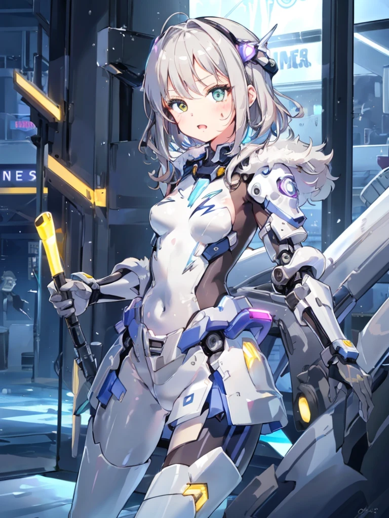 ((masterpiece:1.4、highest quality))+、(super detailed)+、
1 girl、cyberpunk city、flat chest、wavy hair、mecha clothes、(robot girl)、Cool move、Silver Bodysuit、colorful background、Wet day、(lightning effect)、Silver Dragon Armor、(cold face)、cowboy shot、pretty girl