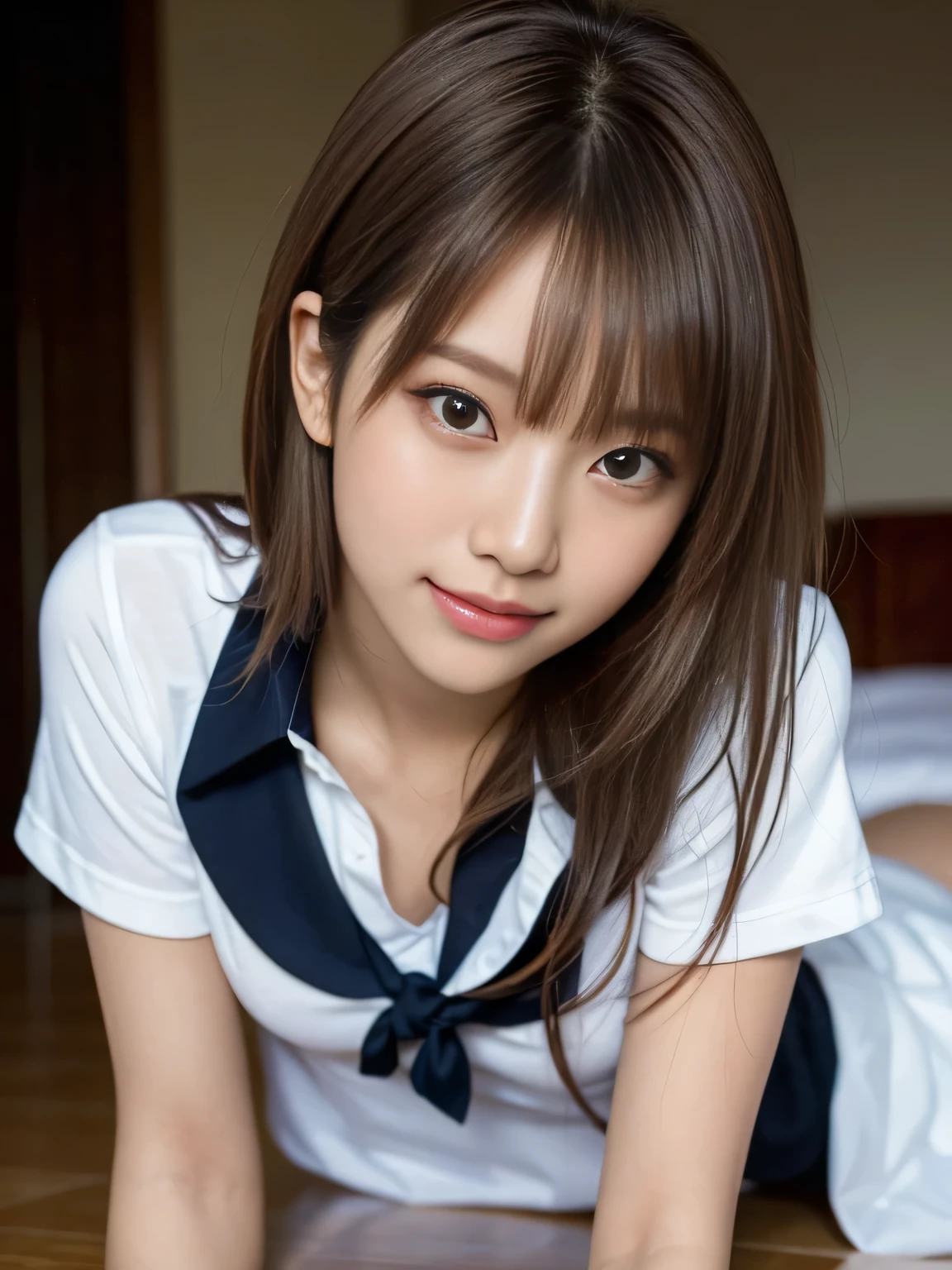 ((masutepiece)), ((Best Quality)), (Ultra-detailed), ((Extremely detailed)), 4K, (8K), Best Quality, (Beautiful), Realistic, Real, Dynamic Angle 0, Front view ,a Japanese young pretty girl ,School classroom corridor, Daytime, summer day, Squatting,Leaning against the wall, Glamorous figure ,Long bob hair ,1girl in, Solo, White short-sleeved shirt, Blue Ribbon, Navy blue pleated skirt, Black Loafer Shoes,((Beautiful eyes)), large full breasts, A big smile, hyper cute face, Glossy lips, double eyelids for both eyes, long eyelashes ,Natural makeup, shiny smooth light brown hair of a long bob hair, asymmetrical bangs, High resolution, high detailing, detailed hairstyle, Detailed face, Cinematic lighting, Octane Rendering, Hyper realistic, Perfect limbs, Perfect Anatomy