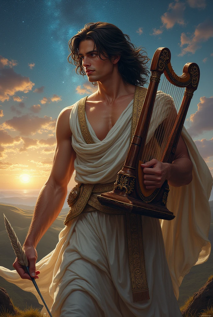 The god Apollo stands holding a guitar on the left hand and a drumstick on the right hand, realistic.