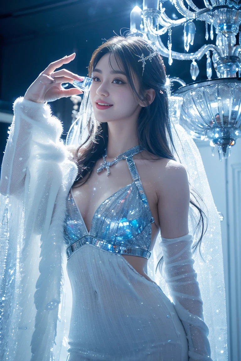 Cute girl, skinny, petite, wearing silver transparent dress,(((huge soft:1.3))),Slim waist,(navel,Bare waist), sliver long hair, Fair skin,Ultra-detailed details,High-end art station, Rainstorm site, detailed fantasy art, Stunning character art, Beautiful character art, Beautiful gold and silver armor, The content is very detailed, Girl in shiny armor, Exquisite headwear and jewelry,Crystal tiara,Ornament filigree, milky ways, stunning visuals, (dynamic streaks, Light track:1.2), (Milky Way starry sky background),Transparent silk scarf shawl,Lace gloves,thighs visible,suspender stockings,Stylish pose,Recumbent position, small and firm breasts
