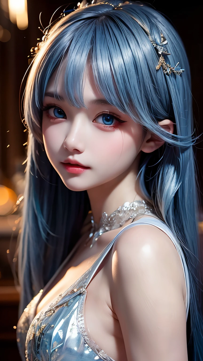 (Art by Cornflower),(Lens flare adds a nice touch), ((masterpiece)), A girl with beautiful deep eyes,light blue hair,dynamic streak,(fractal art:1.3),Bokeh,soft light,magical colors and atmosphere