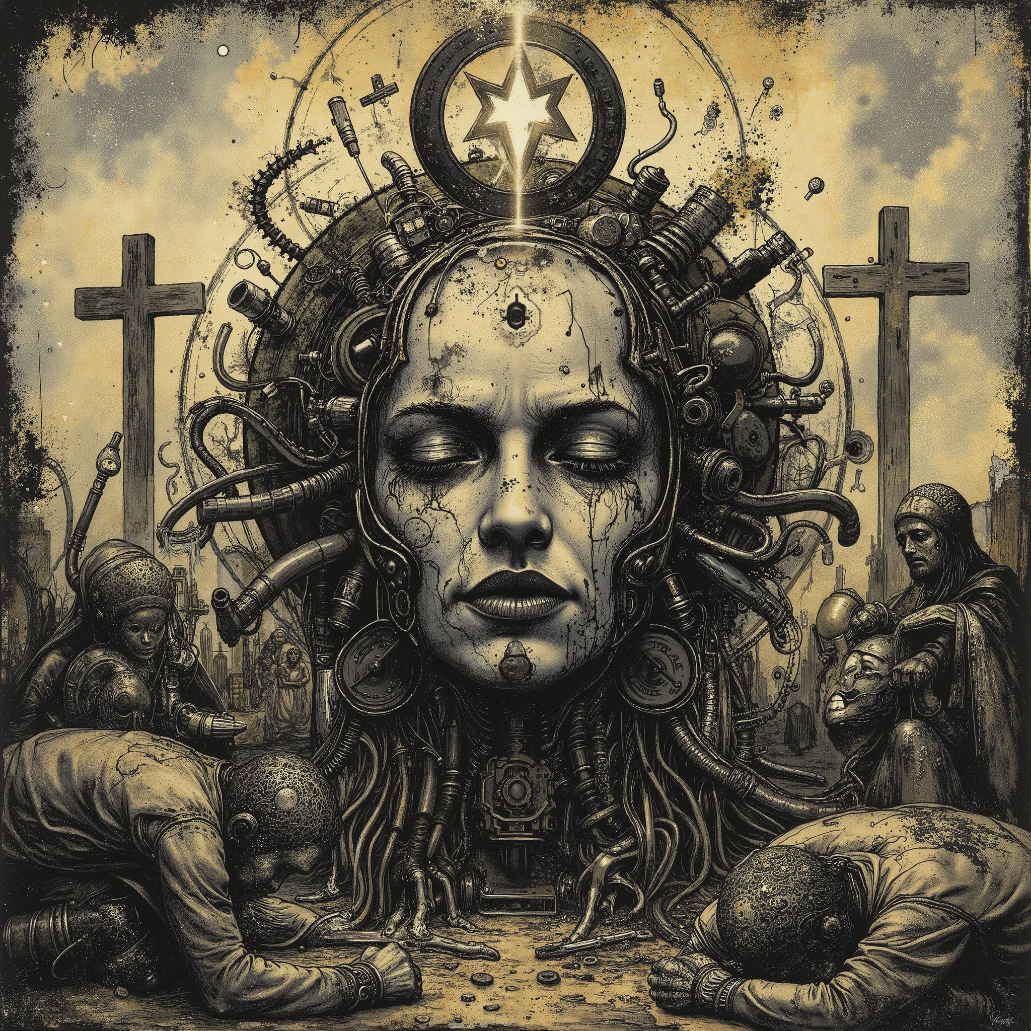 a grunge and chaotic music album cover containing the face of a robotic being enveloped in a divine and religious aura, making him the deity of a religious sect in a world of destroyed machines in a post-apocalyptic, arid and sad atmosphere. in the background we can see religious symbols and people prostrating themselves.