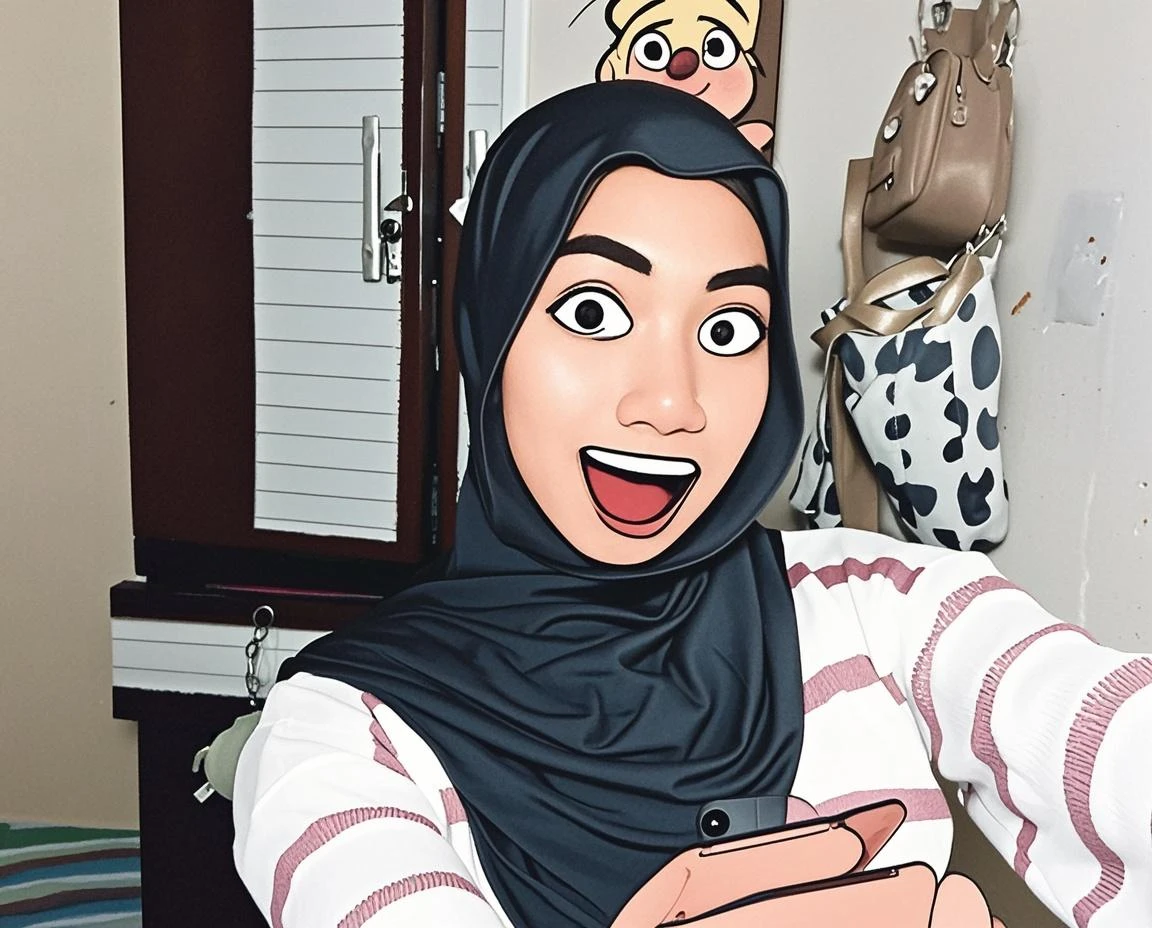 a close up of a hijab woman, Carrying a baking tray containing a cake that was still warm A little smoke came out, full protrait, realism artstyle, inspired by Nil Gleyen, nft portrait, fanart, portait photo profile picture, kawaii realistic portrait, in cartoon style, inspired by JoWOnder, protrait, high quality portrait, sakimi, inspired by Kim Jeong-hui