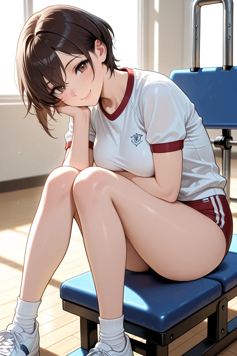 beautiful detailed eyes,beautiful detailed lips,extremely detailed eyes and face,(8k, best quality, tmasterpiece:1.2),\(eye detailed\),\(Facial features\),(\(Clothes detail details\)\),(1 girl:1.3),solo,full body,17 years old,brown hair,short hair,bob head,red eyes,(medium breasts:1.2),(she wearing the school sport outfit:1.3),(/sport outfit made of cotton:1.35/),(red brief:1.2),(naded thigh:1.2)