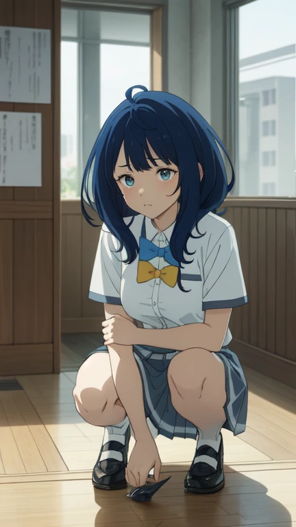 masterpiece, best quality, key visual, 1girl, blue eyes, black hair, short side braid, short hair, hugging own legs, long hair, looking at viewer, long pants, shirt, short sleeves, signature, sitting, skirt, socks, solo, smile, kohiruimaki_karen
