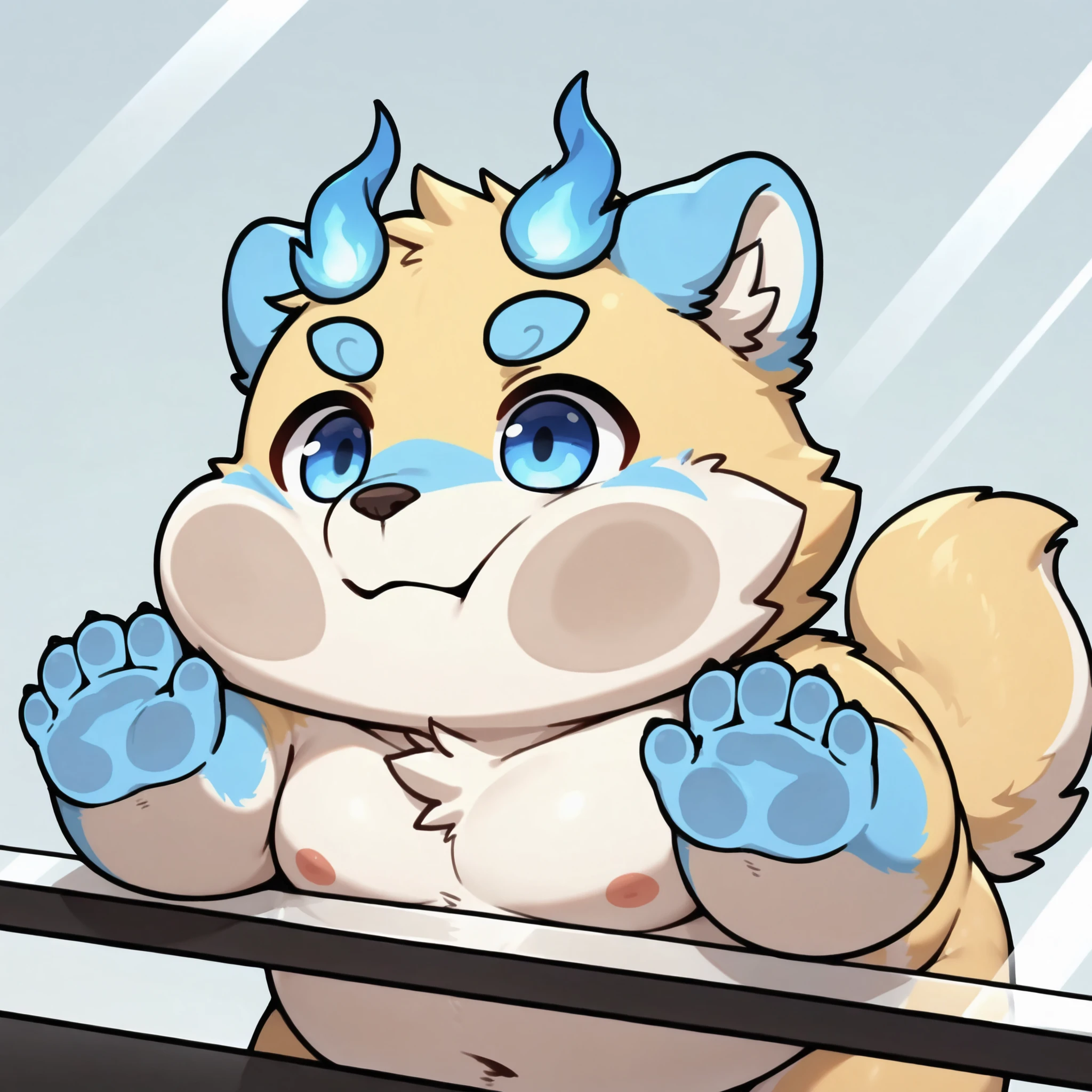 portrait, solo, male, botailang, overweight, young, fur,,tail,blue eyes,chibi,chibi, against glass, cheek press, close-up,