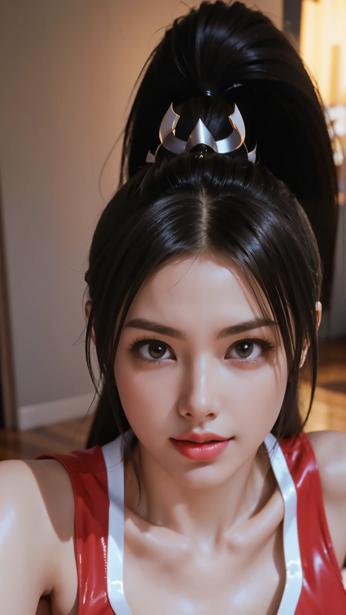 Japanese beauty, (sticking out her tongue头out), (tongue), ultra high resolution, realistically, best quality, 8K resolution, tmasterpiece, ,, ((Close Face view)), (ahegao), kneeling, Japanese beautiful woman,Face, with her mouth open, Stick out your tongue to receive, put one hand in mouth, ecstasy, (White liquid on face), upward, shot from above, roll your eyes back, eyes up,, humongous large breast, Mai Shiranui,Tongue in cheek,Cross-eyed,huge breastig tits,Tongue head length