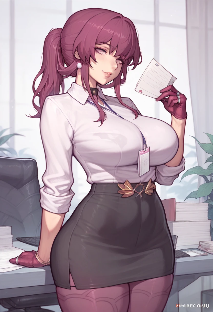 1 girl , Kafka \(Honkai: Star Railway\), Honkai \(Row\)
 ,(masterpiece, Best quality), newest,, Detailed eyes,Perfect eyes, perfect anatomy, Slim body,simple background,office background,  НаRow офисной леди, . from the nanny,black skirt,throw, text cloud,She's the boss, standing, she is holding a condom,rating:doubtful