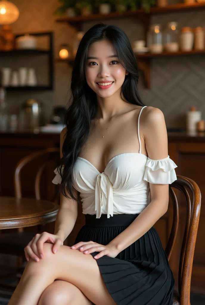 (Masterpiece: 1.2), Best Quality, (Illustration: 1.2), Eye Focus, (Ultra Detailed), Ultra Detail, (Fine Detail), (Intricate Detail), (Cinematic Light, Best Quality Backlight), Clear Lines, a 18yo girl, Perfect Figure, High Contrast, (Best Lighting, Extremely Delicate and Beautiful), ((Cinematic Light)), Powerful, Absolutely Striking, Dynamic Angle, Gorgeous Background, cute Teeth, Open Mouth, mischievous smile, close-up, depth of field, close-up of a long-haired character. A cute tongue sticks out of the mouth, long hair, big breasts, short sleeves, dress, bare shoulders, braids, the girl looks confident and fashionable.",full body, sexy pose,make a cocktail , in a bar counter, Looking at Viewer,