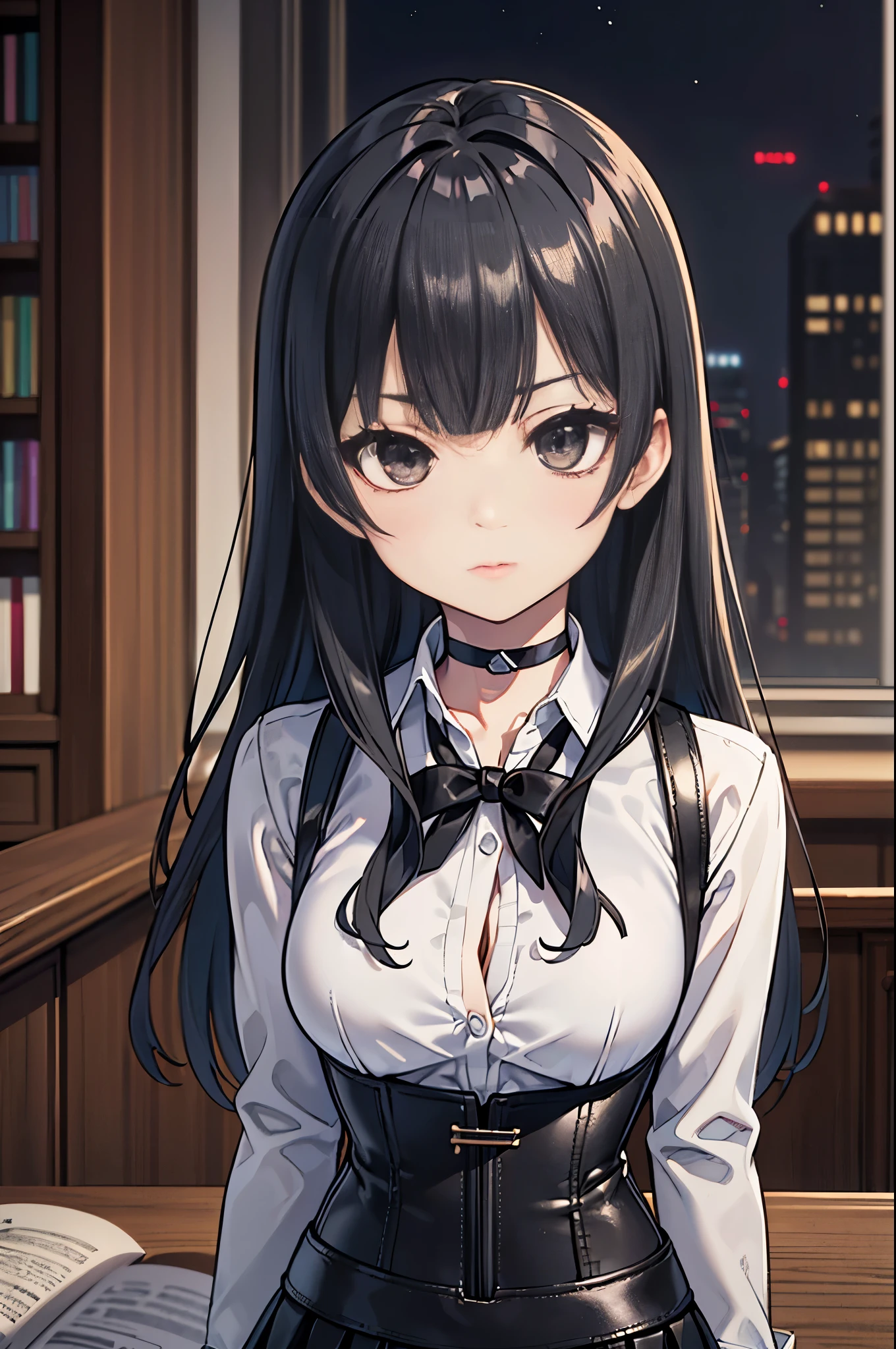 (masterpiece), (best quality:1.3),8K,very light, (ultra realista),seductive woman, (High Quality, high resolution, fine details), realistic style woman , Perfect woman, rostro perfecto, face, ((medium breasts)), serious expression, serious look, ((Long opaque black hair)), ((double eyelid large black eyes, long eyelashes)), (Makeup), (shoulder harness), choker:1.6, ((((long sleeve white buttoned shirt)))), ((black leather corset)), (black gloves), ((black school miniskirt)), brown stockings, Old Gothic library, table with books , at night