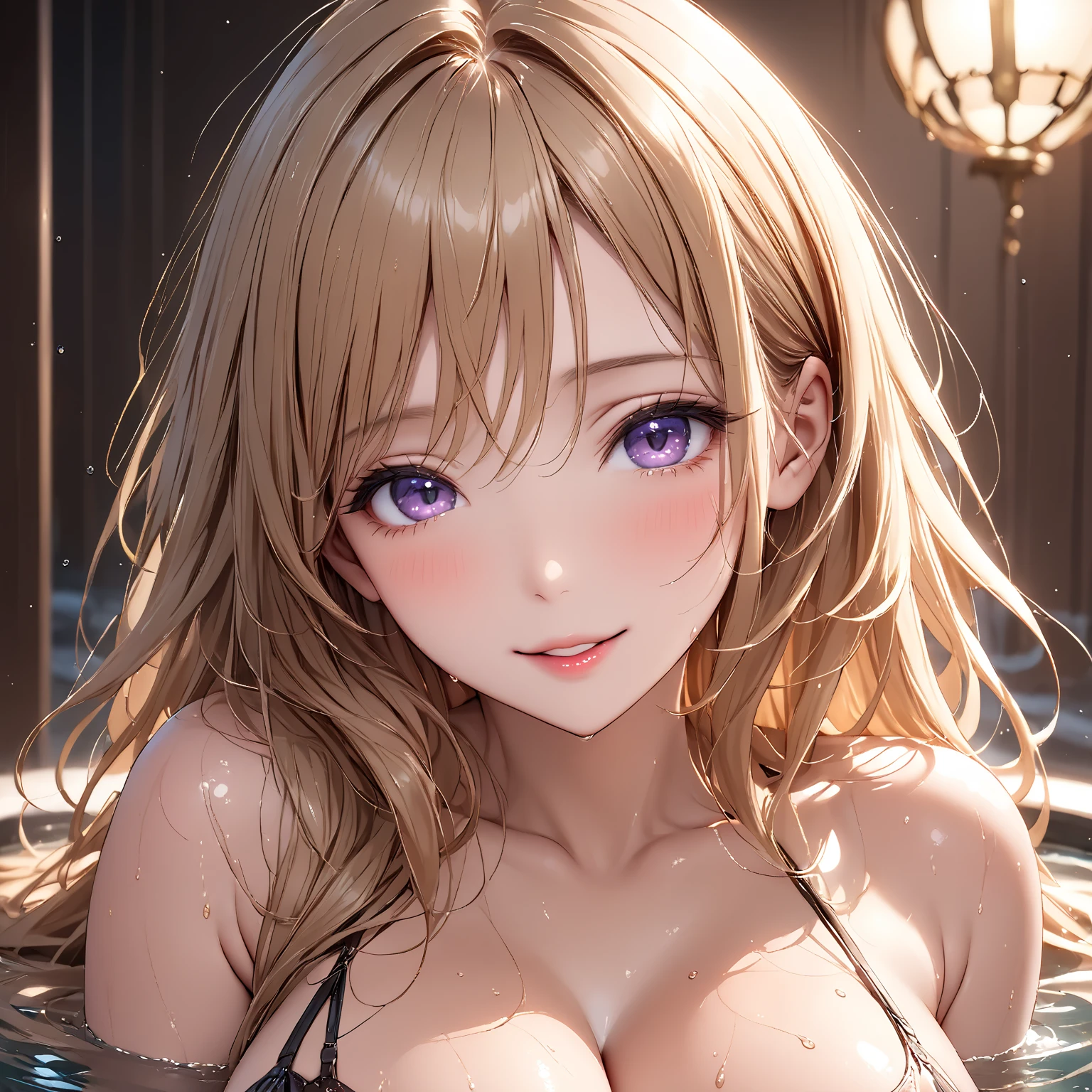 masterpiece, absurdres, best quality, ultra detailed, high Resolution, detailed illustration, bright colour, (extremely beautiful detailed face and eyes, Delicate beautiful face, 1 girl, 18yo, cute face:1.3), (magenta eyes:1.1), sparkling eyes, big eyes, (medium breasts:1.3), (perky breasts:1.1), (pointy breasts:1.1), medium hips, glamorous body, white skin, BREAK, (blonde hair:0.8), messy hair, detailed hair, shiny hair, BREAK (naked:1.3), perfect lighting, (ecstasy, vulgarity:1.5), (embarrassed:1.3), (Wet Hair, wet, Sweaty:1.3), (oasis, outside:1.2),