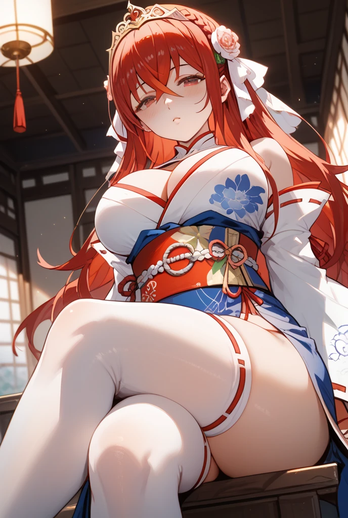 4K,High resolution,One Woman,Red Hair,long hair,Blue Eyes,Big Breasts,samurai,White high leg leotard,Red armor,White gloves,White shoes,hair band,Jewelry decoration,Japanese sword,Medieval town