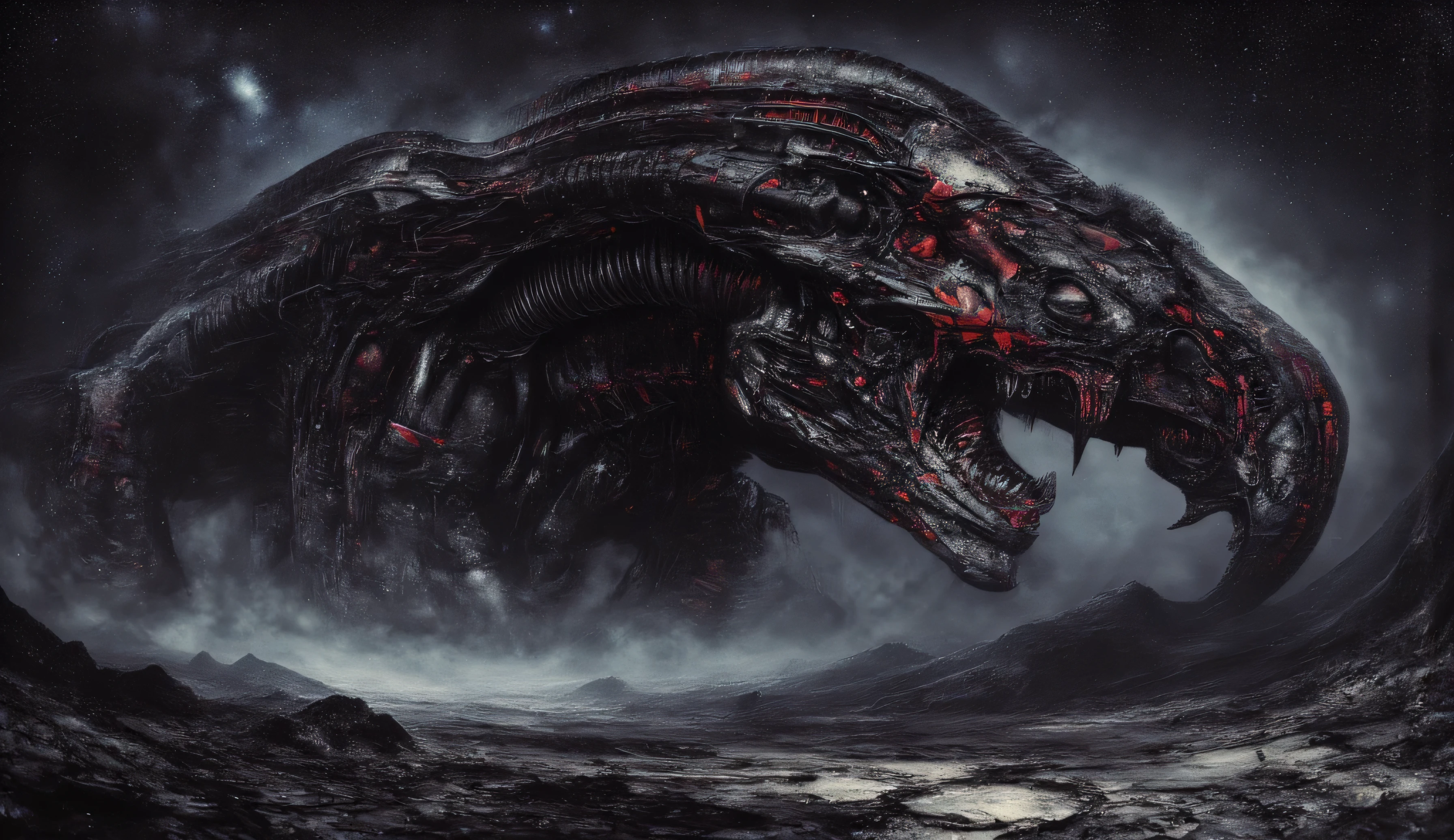 The Tyrannosaurus monster is a robot. Red elements on the monster. The stars of the galaxy and the cosmic beauty are visible in the sky.A lifeless land covered with cracks. It's a dark night. The black sky, the apocalypse. horror. Ruins of the city. It's a creepy landscape. Maximalism. the horror.
