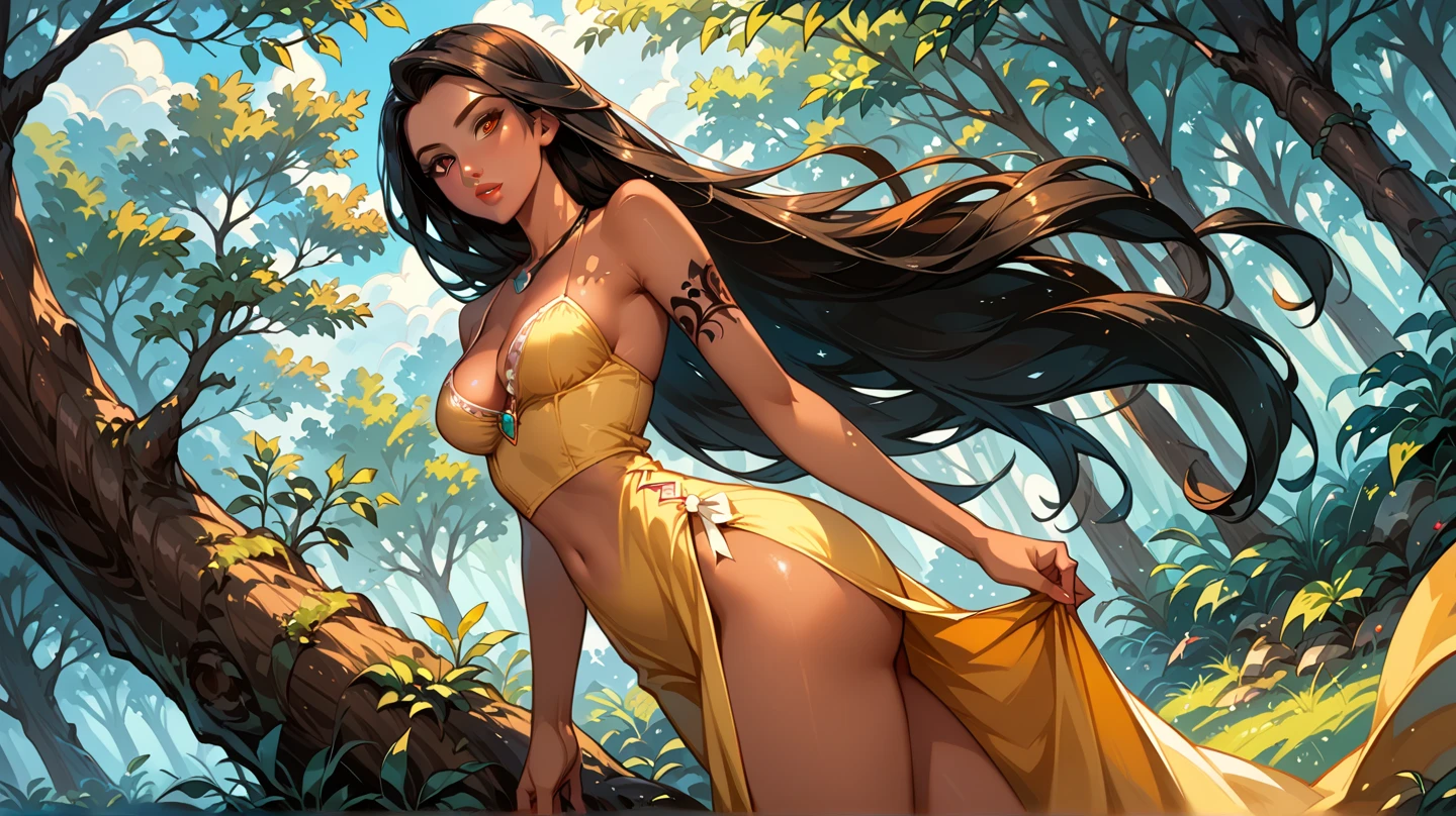 Full body, EVA Rapunzel girl with graceful figure with black hair in the Garden of Eden, girl's body sexy, legs long and graceful, graceful ankles, in the background tree of life on which serpent tempts and red apple of life knowledge, serpent tempts girl, photorealism, super detailed, site 500px, contrast lighting, outline around girl, fill light is soft, 32k