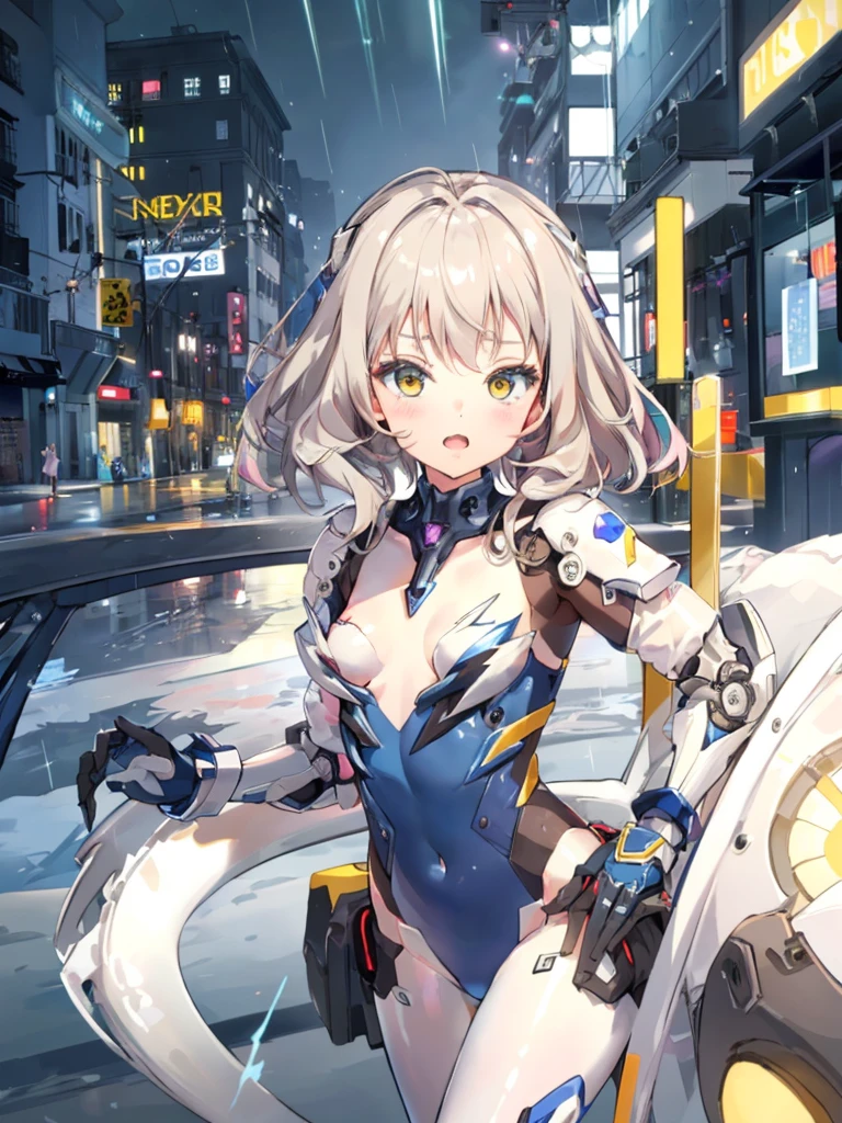 ((masterpiece:1.4、highest quality))+、(super detailed)+、
1 girl、cyberpunk city、flat chest、wavy hair、mecha clothes、(robot girl)、Cool move、Silver Bodysuit、colorful background、Wet day、(lightning effect)、Silver Dragon Armor、(cold face)、cowboy shot、pretty girl