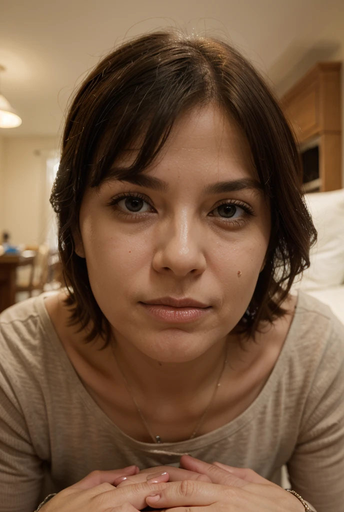 there is a woman sitting on a couch with a remote control, Mulher de 30 anos, 3 0 anos de idade mulher, tired face, rosto suado, Mulher de 30 anos de Cuba, (38 anos), 38 anos, olhos negros e testa grande, 3 6 anos, sem maquiagem cabelo ondulado, Mulheres de 40 anos