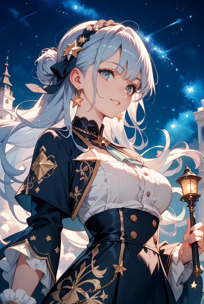 (Masterpiece, Top Quality, Best Quality, Watercolor (Medium), Official Art, Beauty and Aesthetics: 1.2), (1girl: 1.3), (Fractal Art: 1.3), Upper Body, Looking at the Viewer from the Side, Pattern, (Rainbow Hair, Colored Hair, Half Blue and Half Silver-gray Hair: 1.2) Black T-shirt with a gold cross pendant gorgeous on the chest, with a huge classical clock behind him gorgeous fine