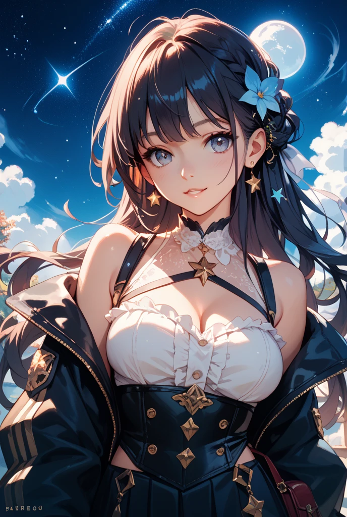 Highest quality, Super quality, 16K, Incredibly absurd, Very detailed, 2.5D, delicate and dynamic, Tavern, colorful lighting, Colorful mirror ball, Small faint lights and flying fireflies, night, Starry Sky, milky way, nebula, shooting star, Flowers, birds, wind and moon, Extremely delicate facial expression, Delicate eye depiction, Upper body close-up, erotic, sole sexy lady, healthy shaped body, 22 years old lady, Bunny girl, 170cm tall, big firm bouncing busts, brown long hair, Hair band with long rabbit ears, Bunny girlのコスチューム, garter belt, Fishnet tights, black leather long boots, pole dance