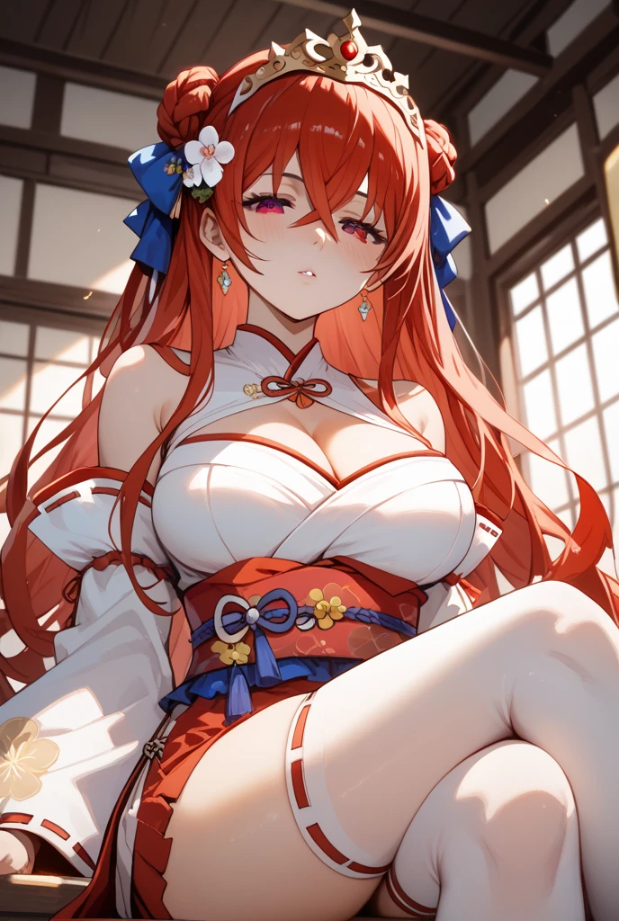 4K,hight resolution,One Woman,Bright red hair,Longhaire,thighs thighs thighs thighs,Huge breasts,close up,A sexy,shrine maiden,nontraditional miko,White kimono,turtle necked sweater,Detached sleeves,with a pure white background,without background
