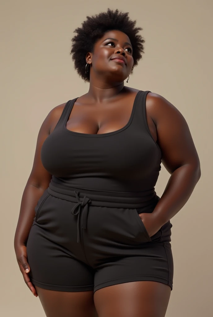 ((masterpiece, best quality)), ((((perfect anatomy)))), (27 year old)), (((Curvy))), (((Black woman with long black ponytail)), in black sports bra, ((black high cut panties)), dark makeup, Standing in front of a grey screen, (((photo realistic)))