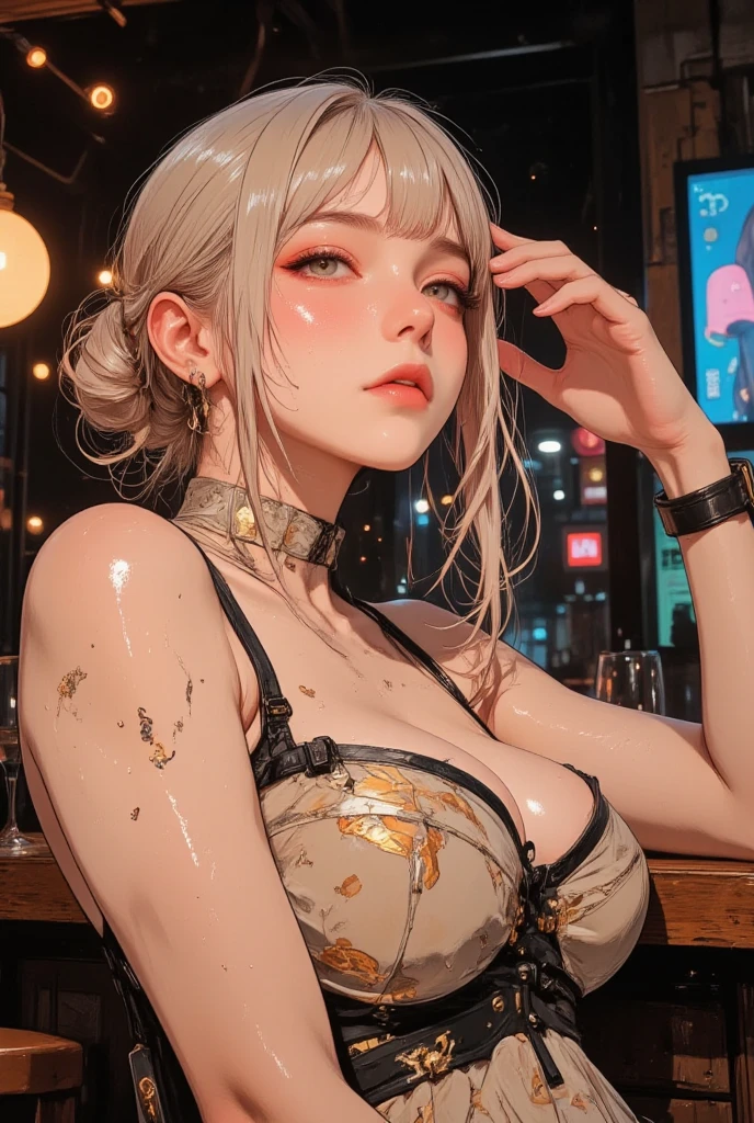 realistic, 1girl, naked, white hair, bfrown eyes, glowing eyes, nipples, undressed bottom, parted lips, blush, night, sitting on bowl