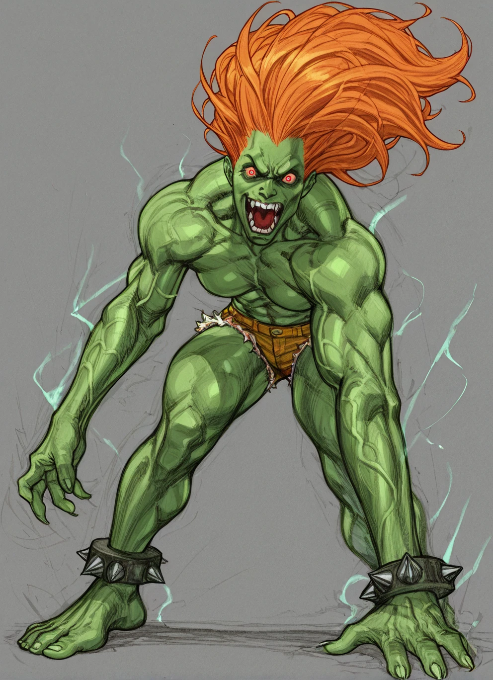 (Male of Caucasian origin).A ((muscular:1.2)) ((green skin:1.2)) ((zombie)), (missing left eye), long brown dreadlocks, rotting flesh, purple headband, purple shorts, athletic shoes, ((cigarillo in his mouth)) with massive clouds of purple smoke. smoke coming out of the left eye socket. Stoner.