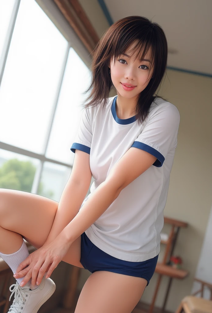 独奏　女の子1人　(８ｋ　ＵＨＤ　Raw photography、top-quality、​masterpiece:1.45) (Raw photo:1.2), (Photorealsitic)　Realistically School Uniform Full Body Smiling Woman Brown Hair Perfect Body Dynamic Pose Camel Toe Half Sitting with Knees Bent and Legs Spread Show White Panties、Functional to show panties by pulling up the skirt、Show white panties、Flip the skirt、Skirt flipping、Roll up the scar by hand、Show underwear poolside