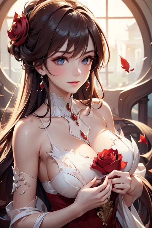 (masterpiece, best quality), devil girl, curls, asymmetrical bangs, Intricate lace lingerie, perfect face, pretty face, Tempting, beautiful big eyes, beautiful , gentle smile, Perfect slim body, Deluxe bedroom, bright colors, (stereography)