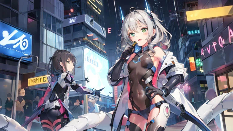 ((masterpiece:1.4、highest quality))+、(super detailed)+、
1 girl、cyberpunk city、flat chest、wavy hair、mecha clothes、(robot girl)、Cool move、Silver Bodysuit、colorful background、Wet day、(lightning effect)、Silver Dragon Armor、(cold face)、cowboy shot、pretty girl