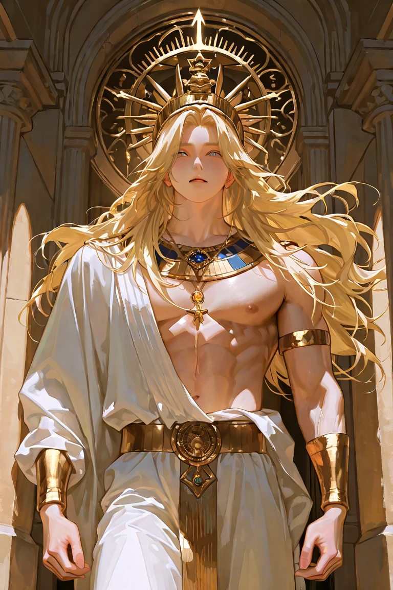 (8k,photorrealistic RAW photograph Maximum quality;1.4) (1 African) Super handsome king of the underworld (lifelike face) (Light blonde hair with red highlights, long hair in the wind ) slenderbody Muscular and macho big pink eyes Outfit without anything furry golden decor Fangs peeking out of the mouth Pointed claws a seductive gaze Beautiful expression A hyper-realistic (King of the Underworld) appealing (real looking skin) super high resolution high détail just without a towel Golden aura emanating from the body effect golden roses
