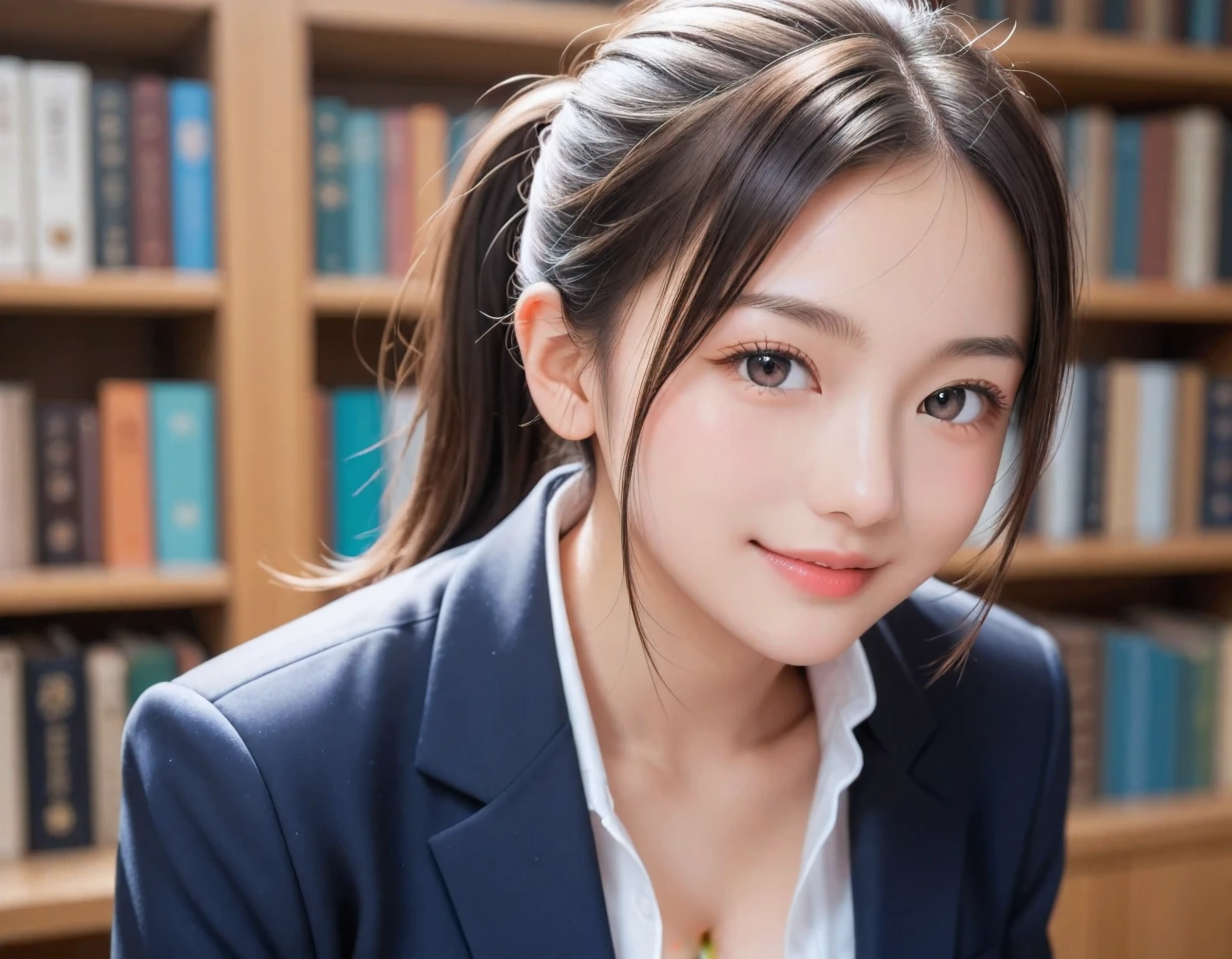 score_9, score_8_up, score_7_up, super detailed, 32K, Masterpiece, top quality, super high definition ,nsfw, official art, photorealistic, sharp focus, solo, 1 classy Japanese girl, ((ponytail)), black hair, smaller face, natural makeup, cute face, small breasts, curvy body, perfect_proportioned body, Detailed high quality, Realistic depiction of face, fair skin, navy blazer, white collared shirt, cleavage, standing in library, leaning forward, searching book, background: in school library, vintage books, from front, upper body, POV, gentle smile,