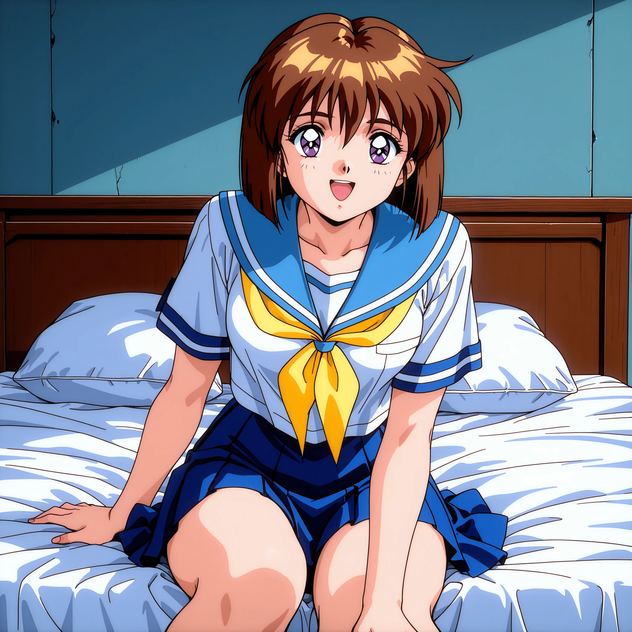 1girl,solo,masterpiece,general,highres, ultra-detailed,very aesthetic,best quality,best hands,best eyes,easynegative,perfect anatomy,BREAK,Amatsu_Mai,brown hair, short hair, breasts, purple eyes, bob cut, bangs,1990s \(style\),anime coloring,BREAK,school uniform,serafuku,sitting on a bed,smile,open mouth