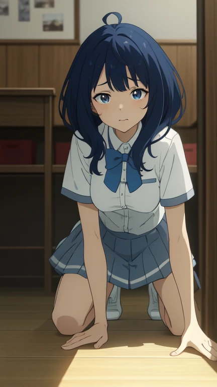 Beautiful lighting, One Girl, solo, Akane, White shirt, (((skirt))),Sweater vest, Black vest, Blue tie, ((Anime Style))、((2D))、Laughter、Open your mouth、Look forward,((Cotton panties with crotch)),(((skirtめくり, I can see your pants))),squat,From below,