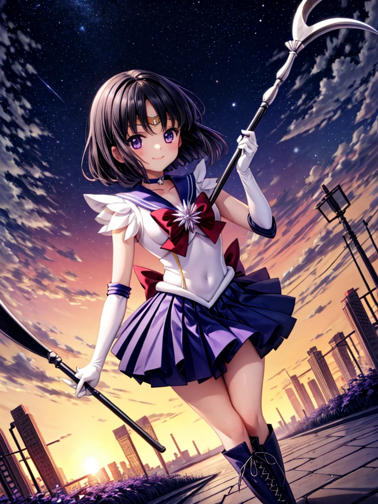 (full body),high resolution,Detailed Description,highest quality,(sailor senshi uniform),Sailor Saturn,Black Hair,Cosmos,leotard,High leg,Purple Skirt,Knee-high boots,Elbow Handbags,Thick thighs,The skirt is short,スカートの下に白色のleotardが見える,The skirt is blown away by the wind,Defenseless crotch,blush,Embarrassed expression,Open your mouth,