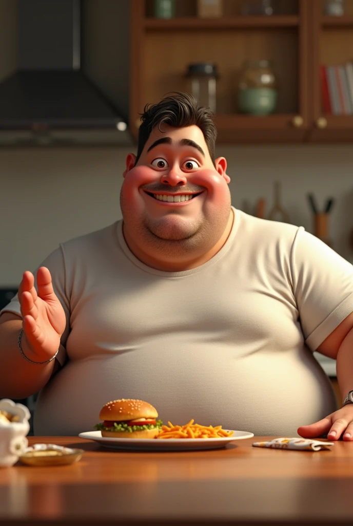 an image of an obese man ignoring junk food and eating salad