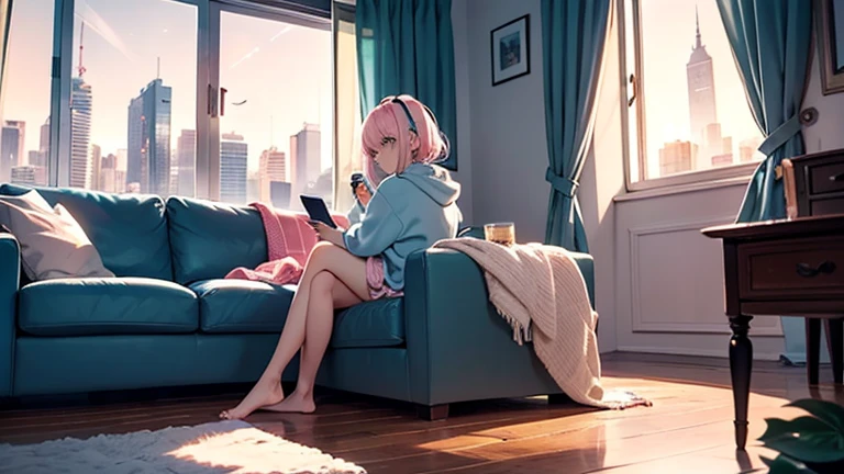 Girl with pink hair,prette,adolable,white bathrobe,Ski goggles,Snowboarding,Lying on the couch with a computer,back,floor to ceiling window,Early morning girl,Snow-capped mountains in the distance